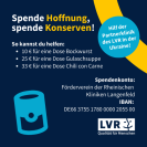 Weiße Schrift auf dunkelblauem Hintergrund zur Möglichkeit, Konserven an die Ukraine zu spenden.